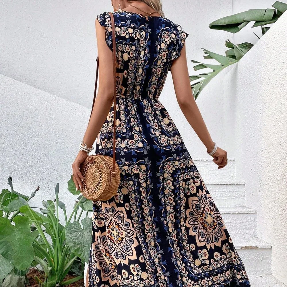 Navy Blue Casual Womens Scarf Print Ruffle Trim Split Thigh Dress Without Belt - Picture 3 of 6